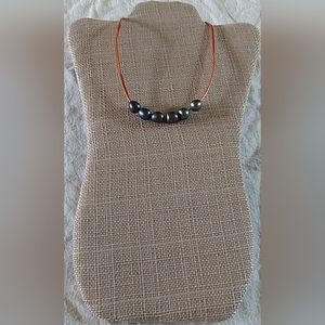 Handmade Peacock Pearl And Metallic Orange Leather Necklace